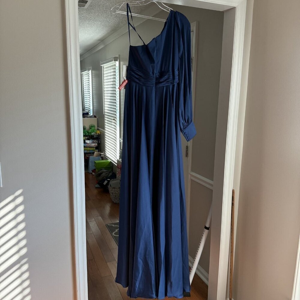 Mac Duggal Dress Womens 2 Blue One Shoulder Long Sleeve Gown Formal Evening New - Picture 12 of 12